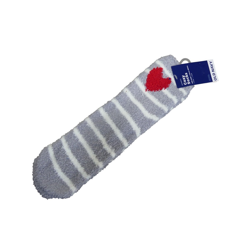 Old Navy Cozy Socks Women OS Grey New Striped Heart Fuzzy Crew Loungewear